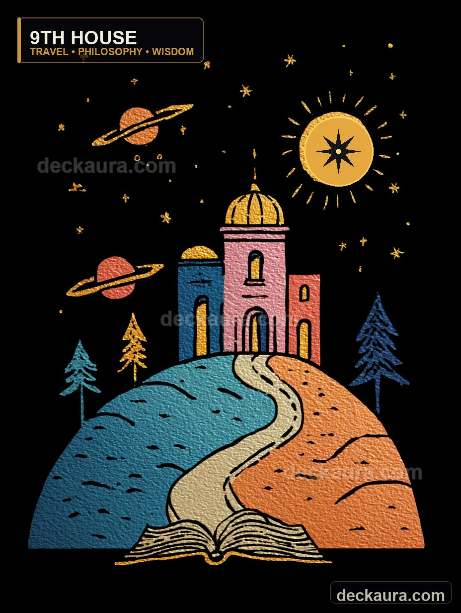 An open book becomes a road to a cosmic academy beneath planets, stars and a golden compass sun