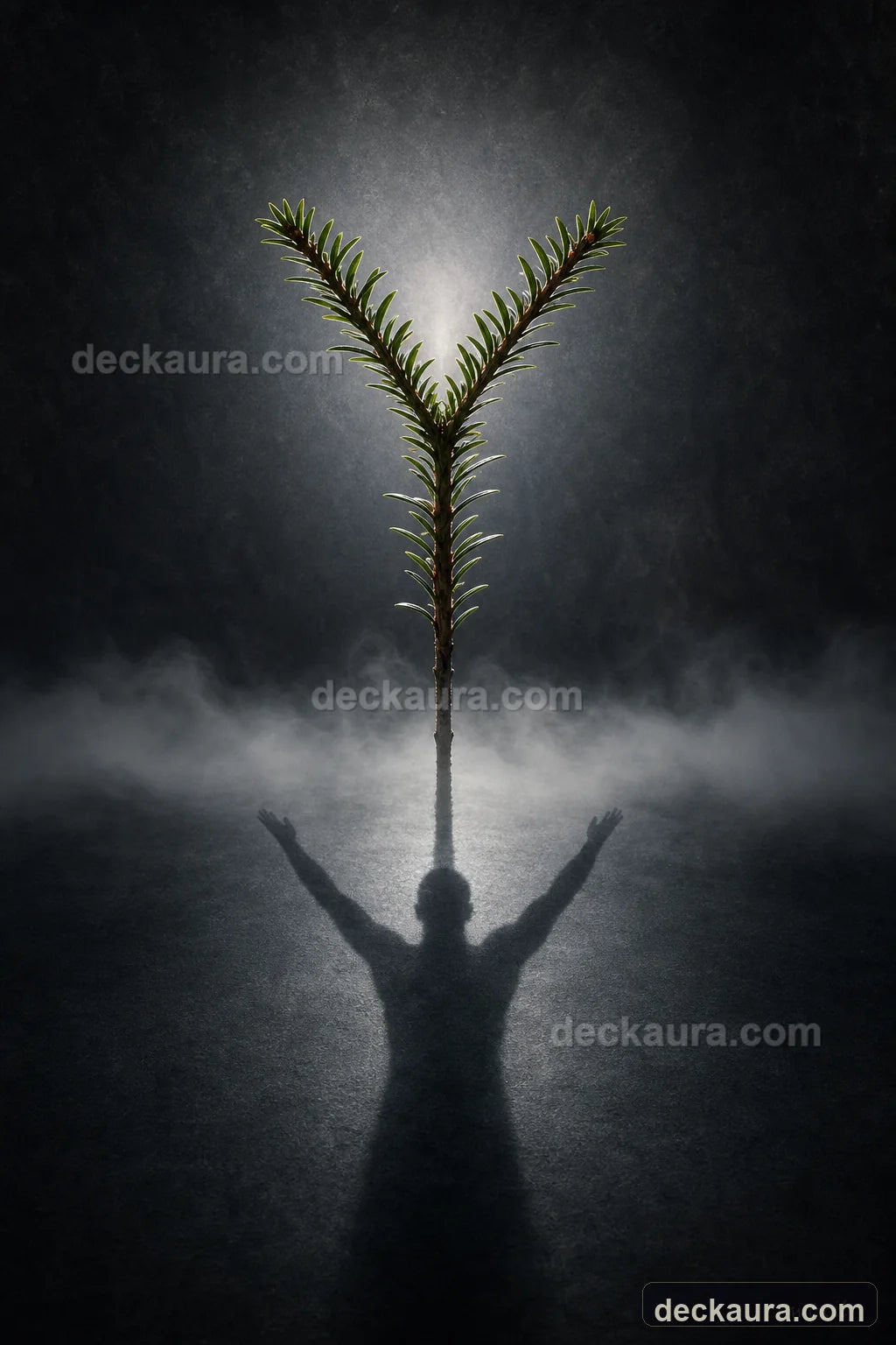 A yew branch and raised human shadow forming the Algiz protection rune in Nordic mist