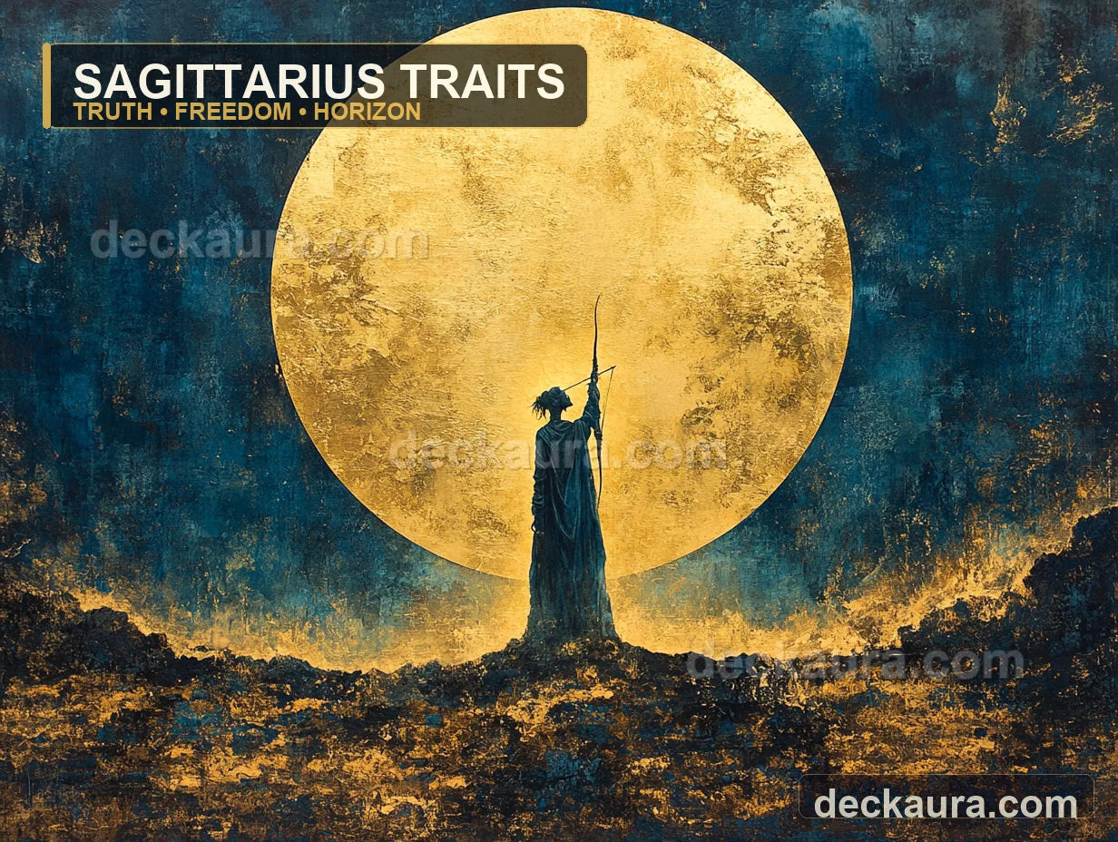 A lone archer raises a bow before an immense gold celestial disc in a blue and ochre landscape