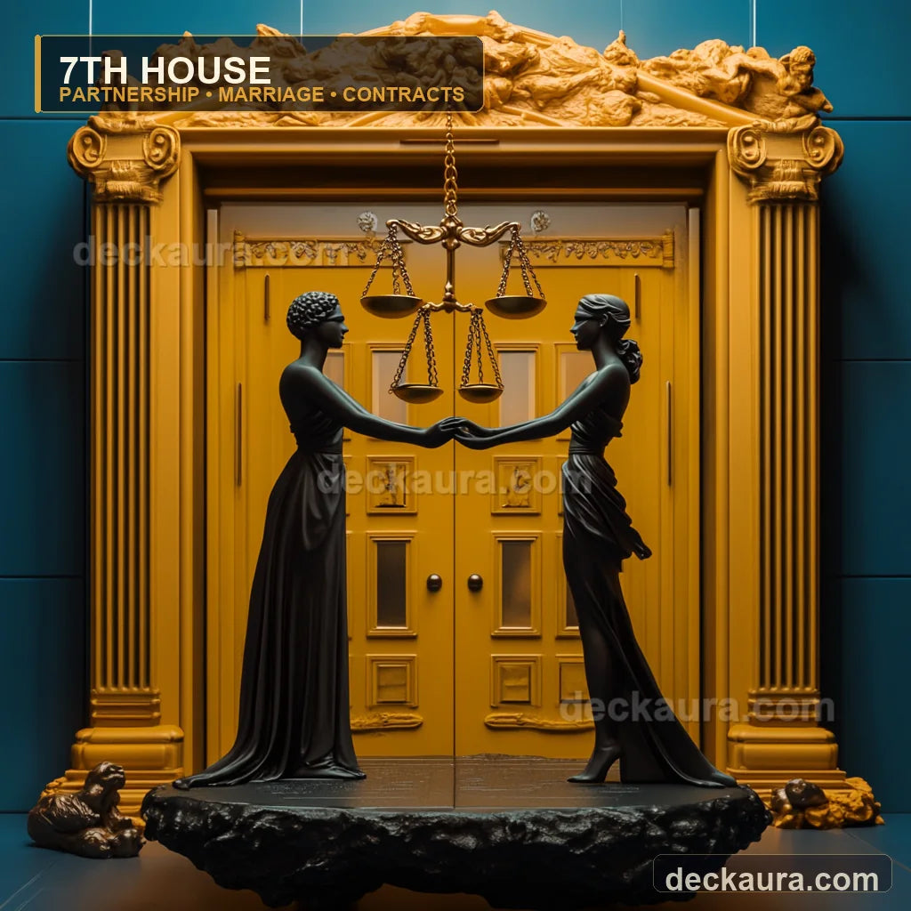 Two equal black statues clasp hands before double golden doors beneath balanced Libra scales