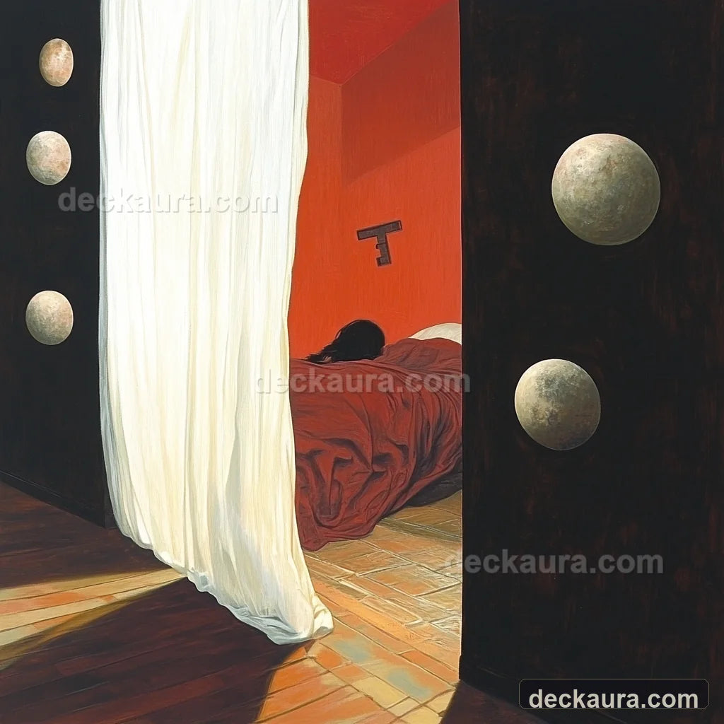 A sleeping figure rests behind a white curtain while planets float through dark walls and a hidden key hovers above