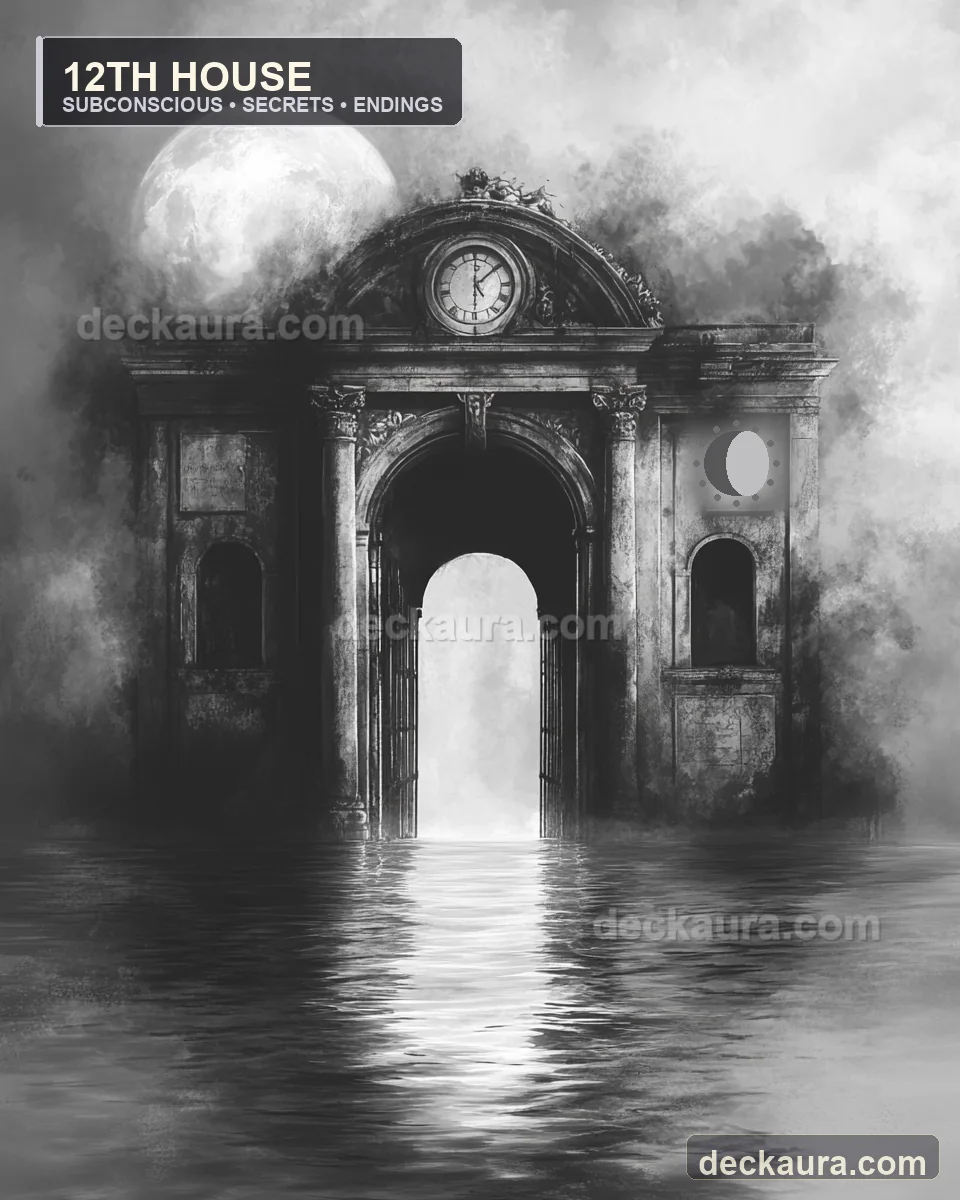 A moonlit stone doorway opens across dark water into luminous mist beneath an antique clock